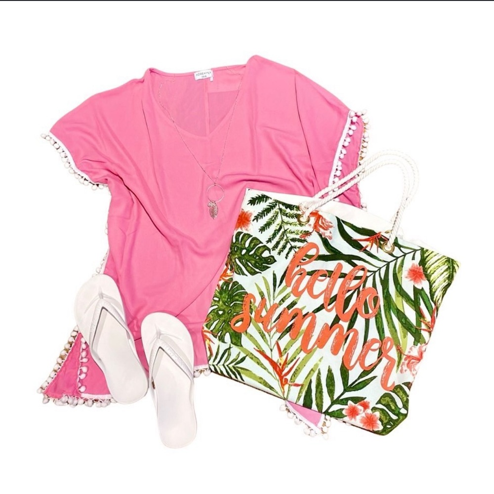 *SOLD* Hello Summer Canvas Tote Bag with Twisted Rope Straps Green, Orange